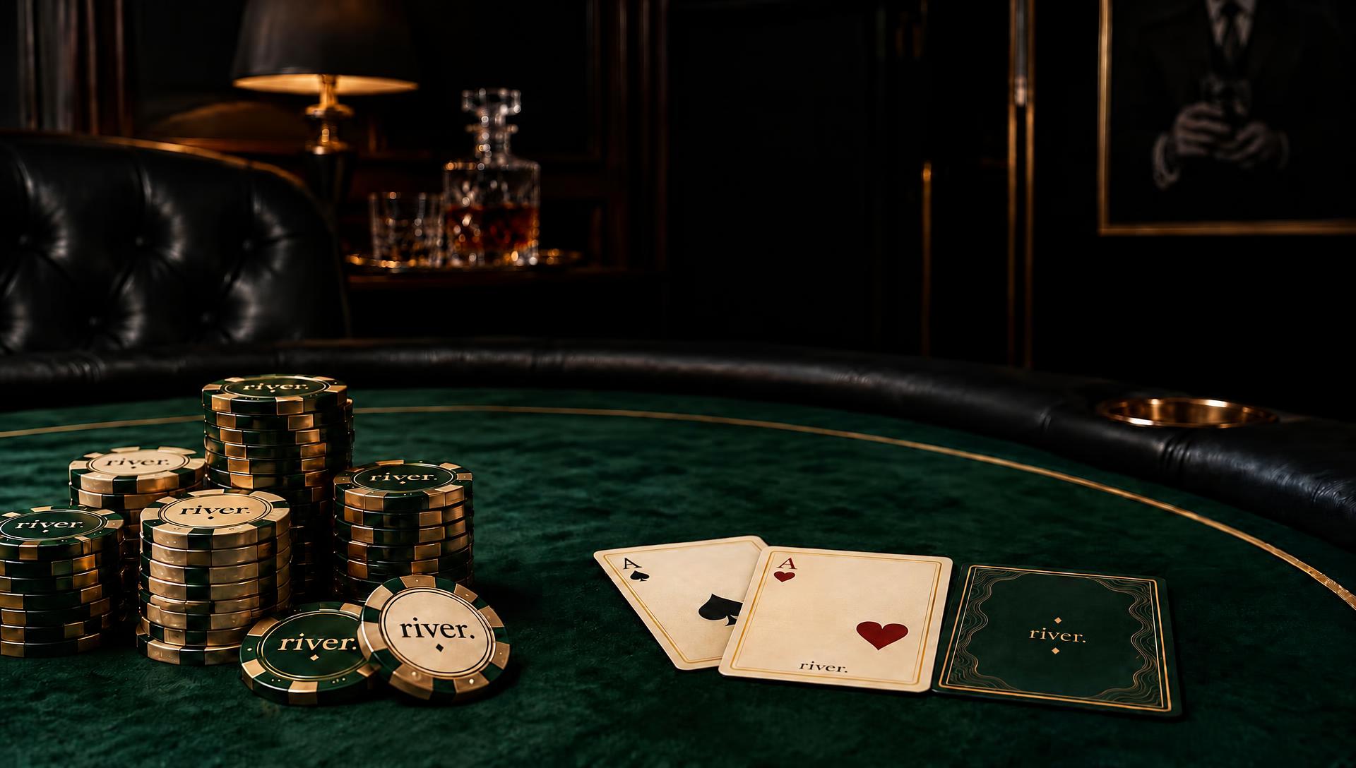 Edler river.-Pokertisch mit Smaragd-, Gold- und Perlmutt-Chips sowie Pik-Ass, Herz-König und einer gebrandeten Kartenrückseite
